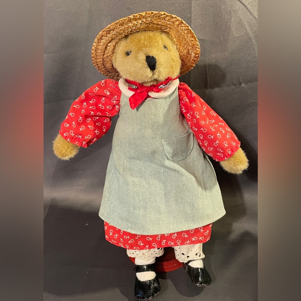 Vintage Applegates teddy bear, daughter Katie.Blue denim overdress and red dress